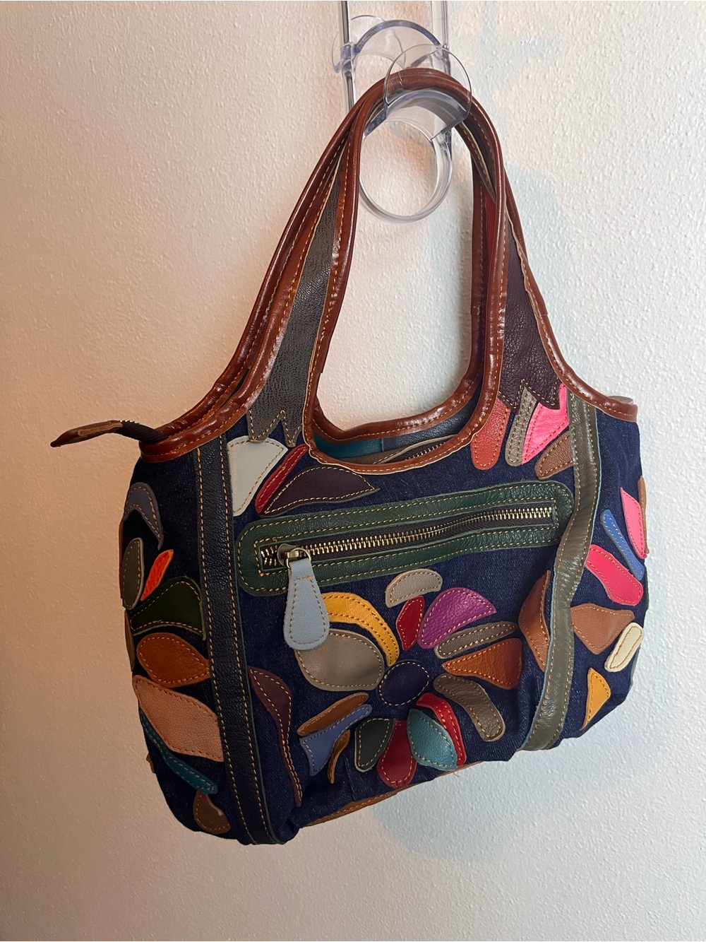 AmeriLeather Multicolor Patchwork Shoulder Bag - Denim with Bright Accents
